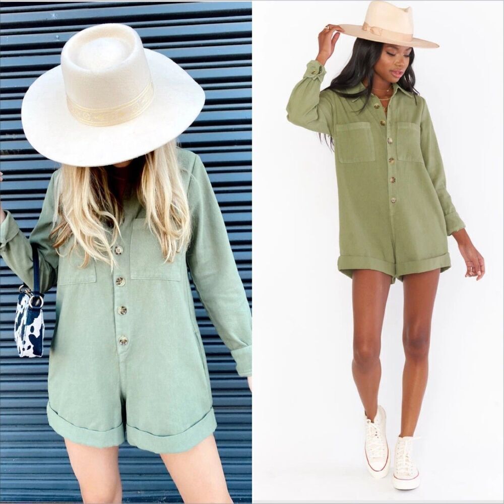 Show Me Your Mumu Tegan Jumper Romper Size XS Army Green Denim Cotton